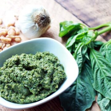 Thai Basil Mint Cilantro Pesto in a white bowl on a brown table top with mint, garlic and chopped walnuts