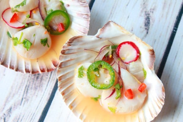 spicy scallop ceviche in pretty scallop shells topped with colorful peppers on top of a white wooden board