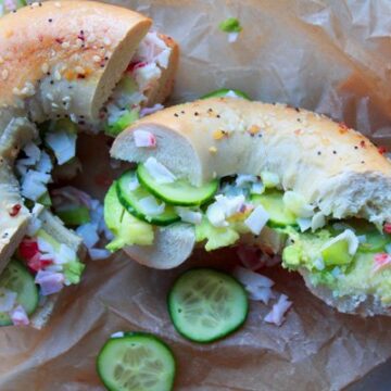 A California Everything Bagel Sandwich cut in half on top of brown parchment paper with a few slices of cucumber on the side.