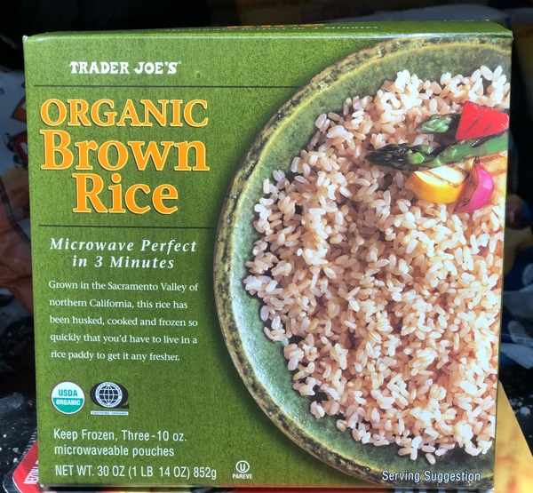 a box of Trader Joe's organic brown rice