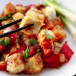 crispy tofu cubes in a sweet and sour sauce