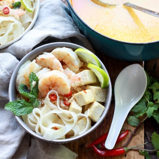 Singapore laksa with shrimp, tofu, and rice noodles in a bowl and in a Dutch oven with ladle.
