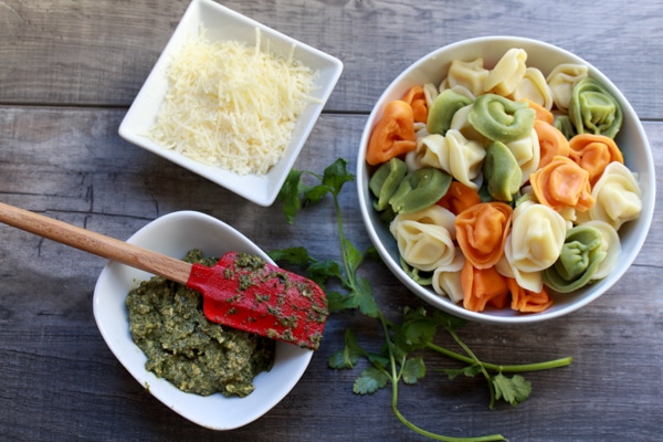 Tri-color tortellini in a white bowl with Thai pesto sauce and parmesan cheese on the side in smaller white bowls.