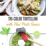 Tri-color tortellini in a bowl with Thai pesto sauce