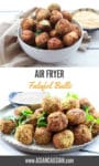 air-fried falafel balls on a plate with a side of spicy aioli dipping sauce