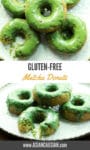 matcha glazed donuts piled up on a white plate