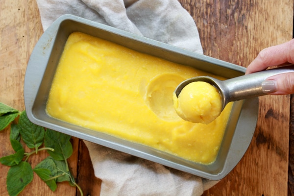 mango coconut sorbet in a loaf pan with ice cream scoop scooping out frozen mango sorbet