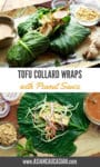 tofu collard wraps on a platter with a peanut sauce on the side