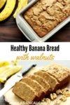 banana bread in a loaf pan with ripe bananas on the side