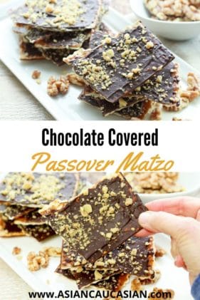 chocolate covered matzo pieces with chopped walnuts on top of a white plate