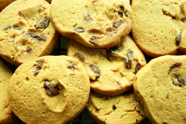 close-up of chocolate chip cookies in a pile