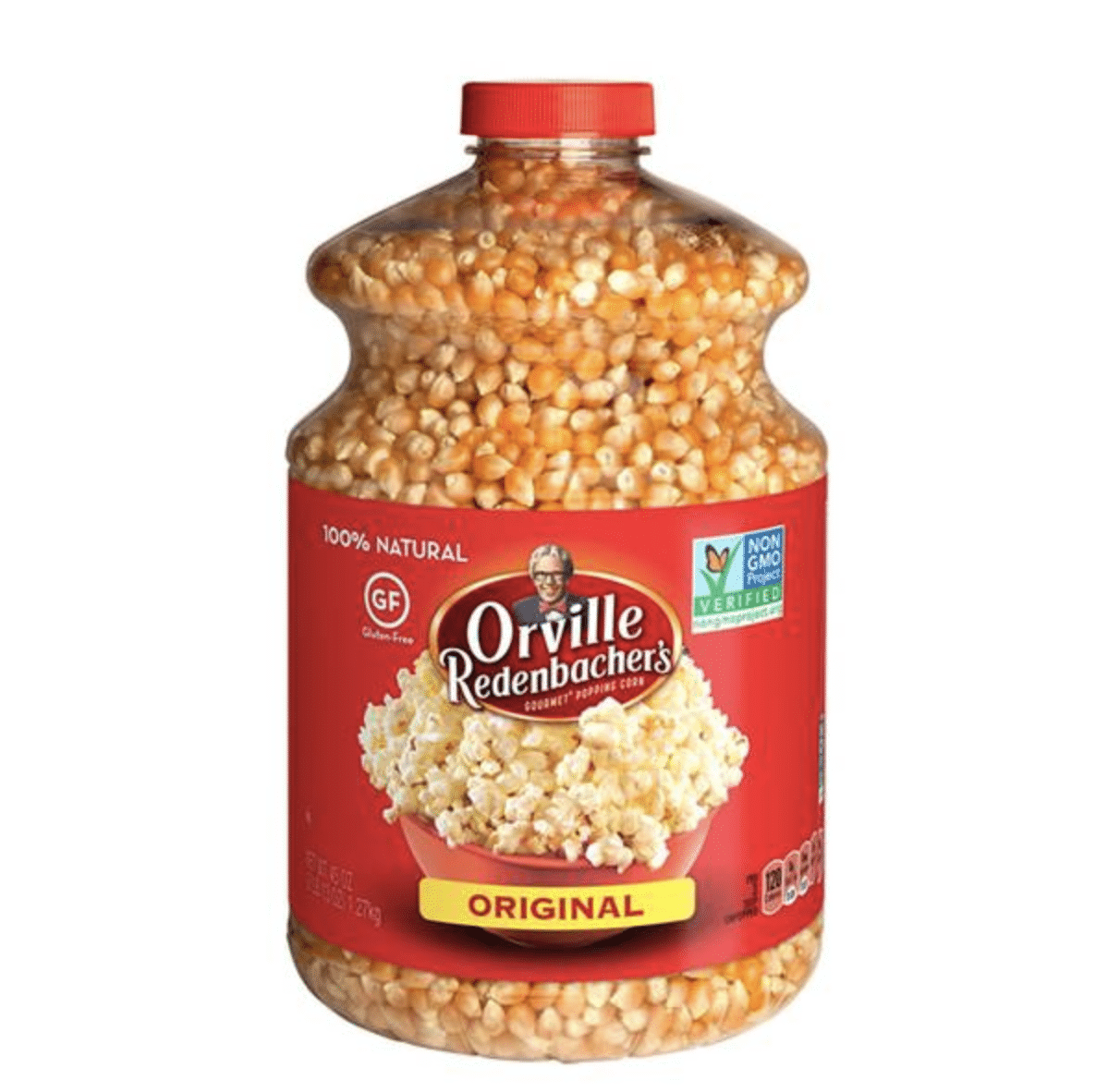 A large jar of of Orville Redenbacher's original popcorn kernels