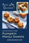 pumpkin manju cookies on a white plate with a checkered napkin underneath and baby pumpkins along side
