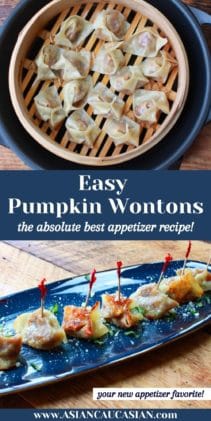 pumpkin wontons in a bamboo steamer and on a blue serving plate