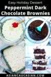 peppermint brownie mix in two glass bowls and peppermint brownies in a baking pan with a stack of baked peppermint brownies