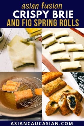 Crispy, golden spring rolls filled with brie and fig on a long white serving platter.