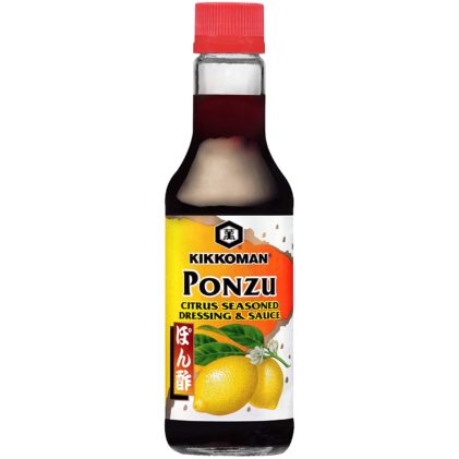A bottle of Kikkoman Ponzu Sauce on a white background.