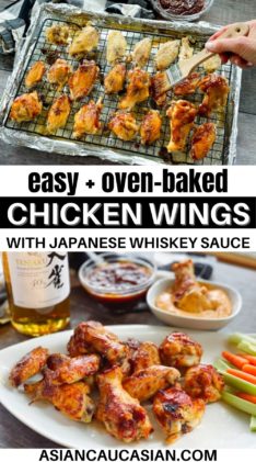 Saucy Japanese whiskey chicken wings on a white platter.