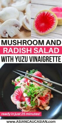 A vibrant mushroom and radish salad in a black bowl with sprouts on top and silver chopsticks on the side