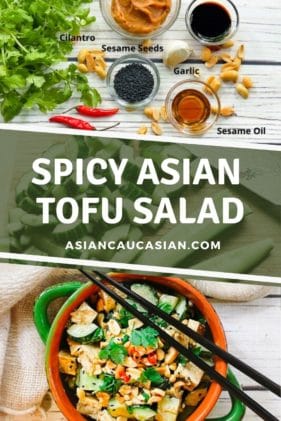 A green bowl filled with a vibrant spicy tofu salad with cucumbers, cilantro and peanuts, and black chopsticks on top.