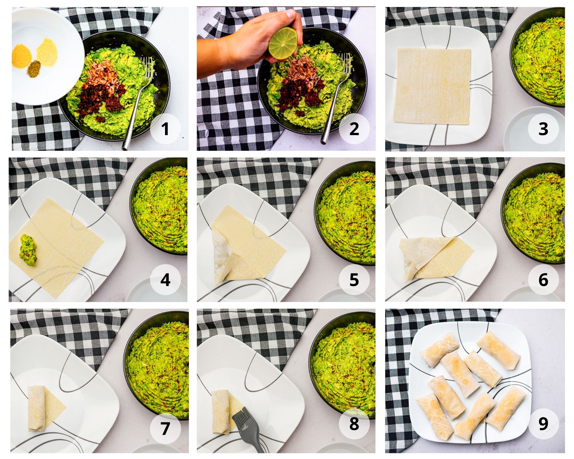 A collage of process shots showing how to make Vegan Avocado Egg Rolls in 9 steps.