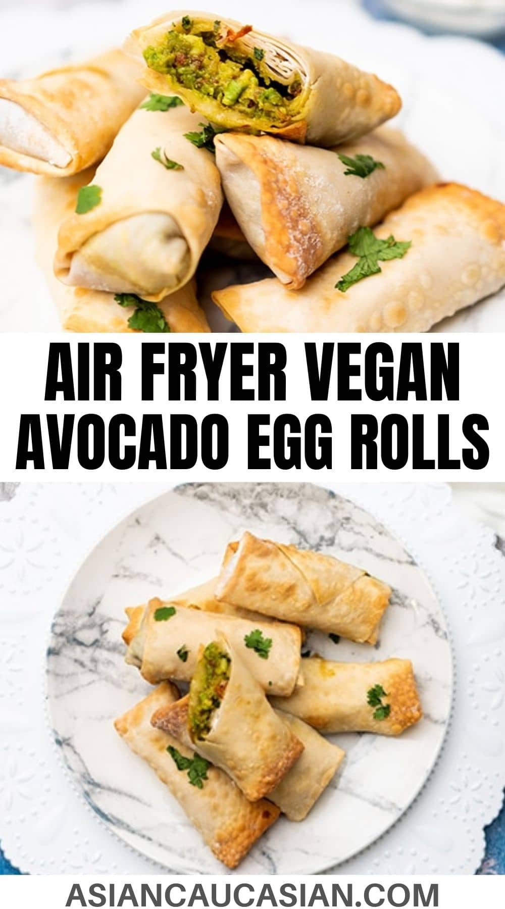 Vegan Avocado Egg Rolls stacked on a white marbled plate on top of a blue board with a small bowl of sour cream in the background.