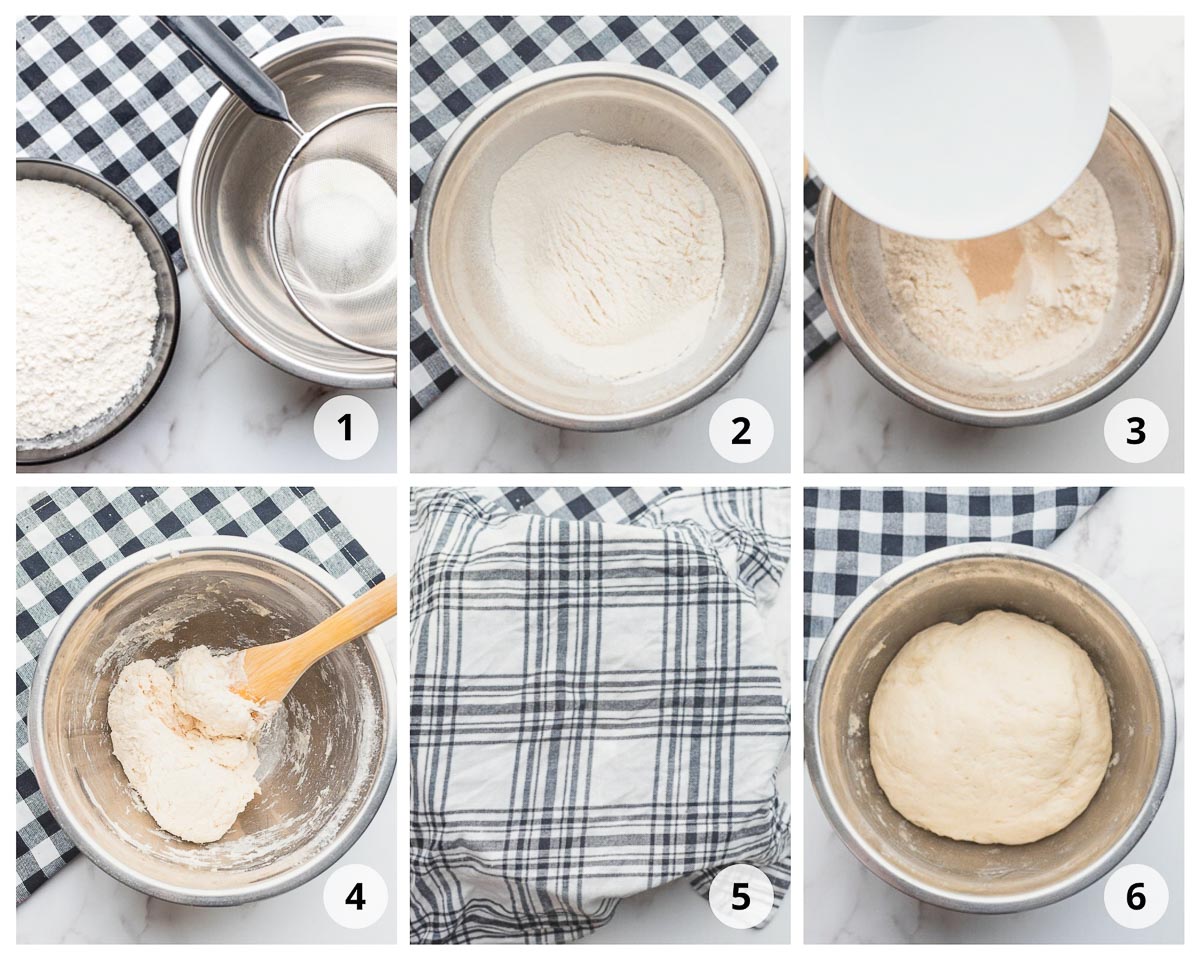 A collage of six images showing step to make the dough for Chinese steamed buns.