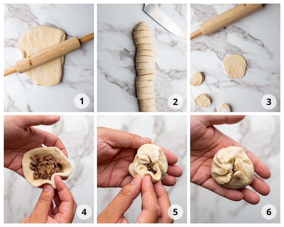 A collage of six images showing steps to form Chinese steamed buns including rolling out the dough and filling with stuffing and sealing.
