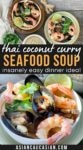 A white bowl of Thai seafood soup with shrimp, mussels and lime on top of a yellow plate with fresh herbs and a small bowl of rice on the side placed on top of a wooden board.