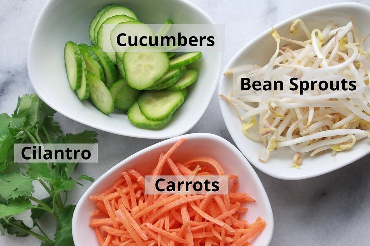 Ingredient toppings for grilled flank steak lettuce cups, cucumbers, bean sprouts, carrots, and cilantro