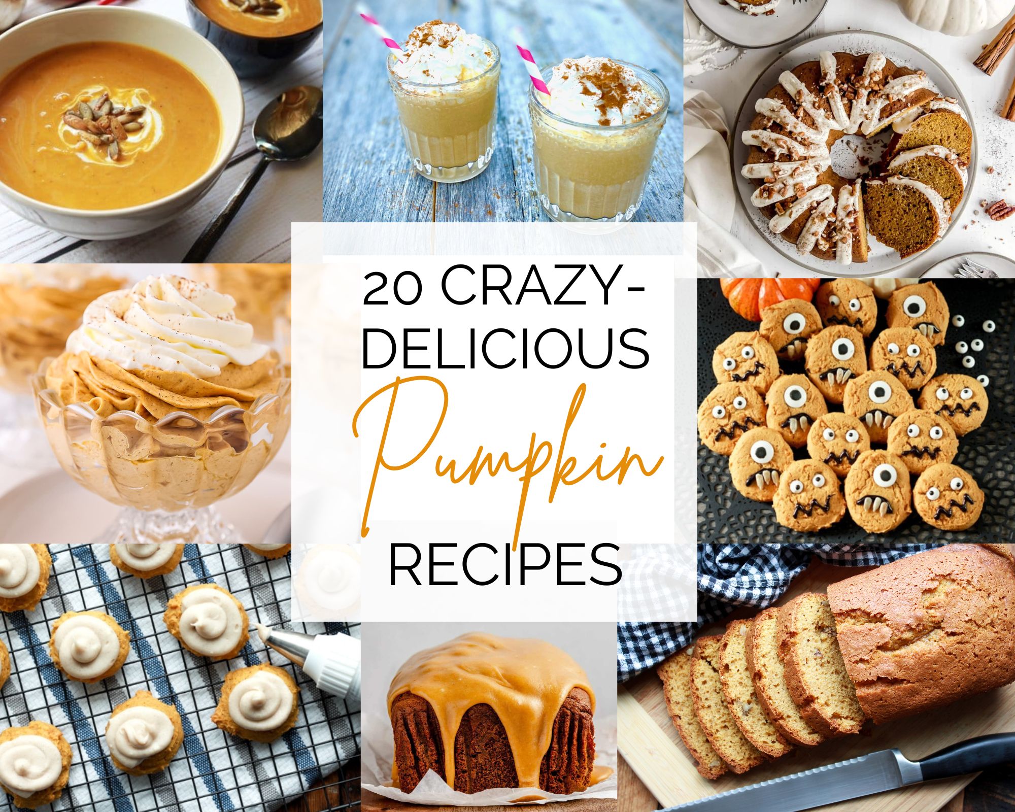 A picture collage of pumpkin recipes for a roundup of 20 Delicious Pumpkin Recipes.