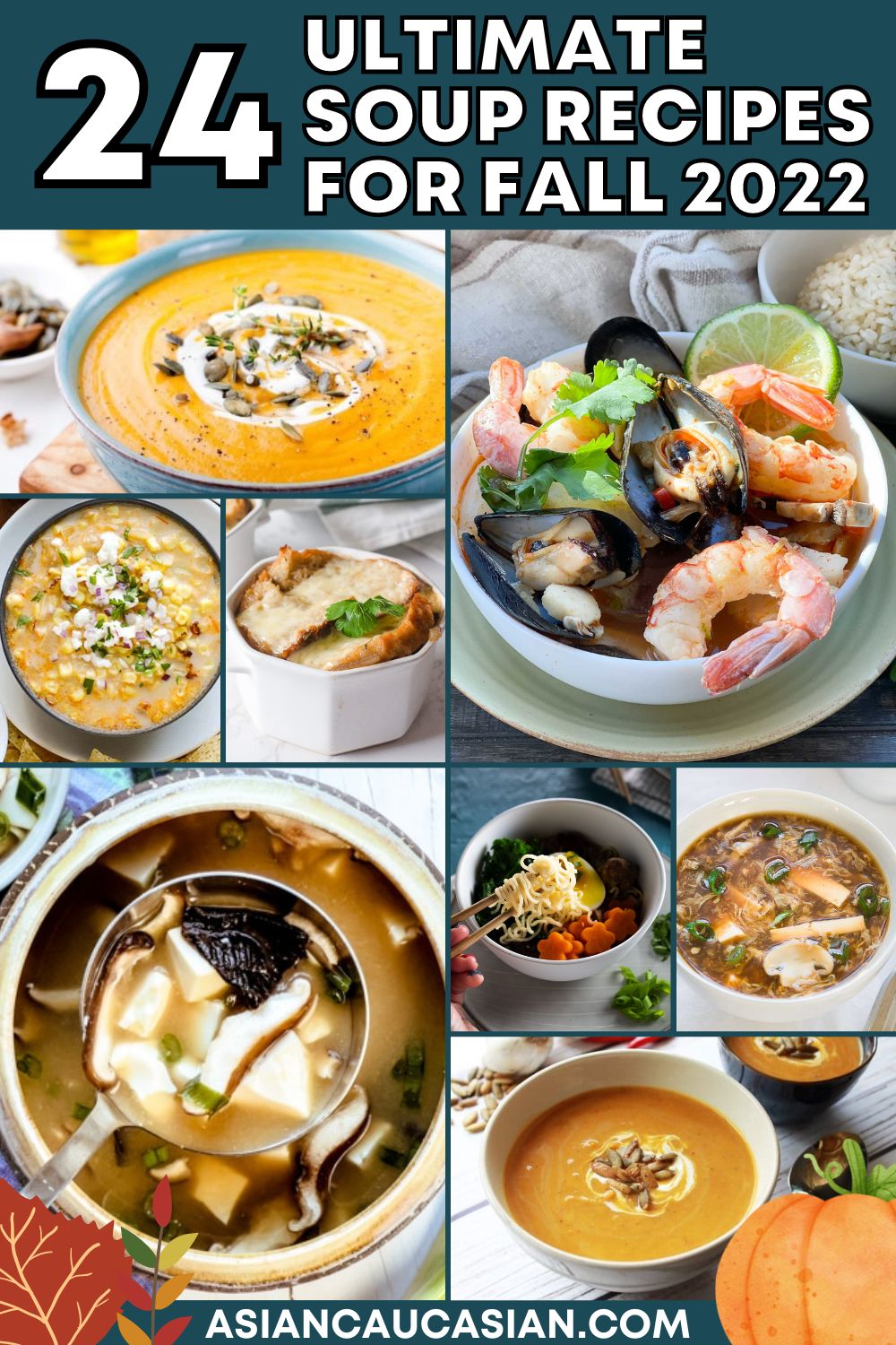 A roundup grid of cozy soup recipes from pumpkin soup to seafood soup.