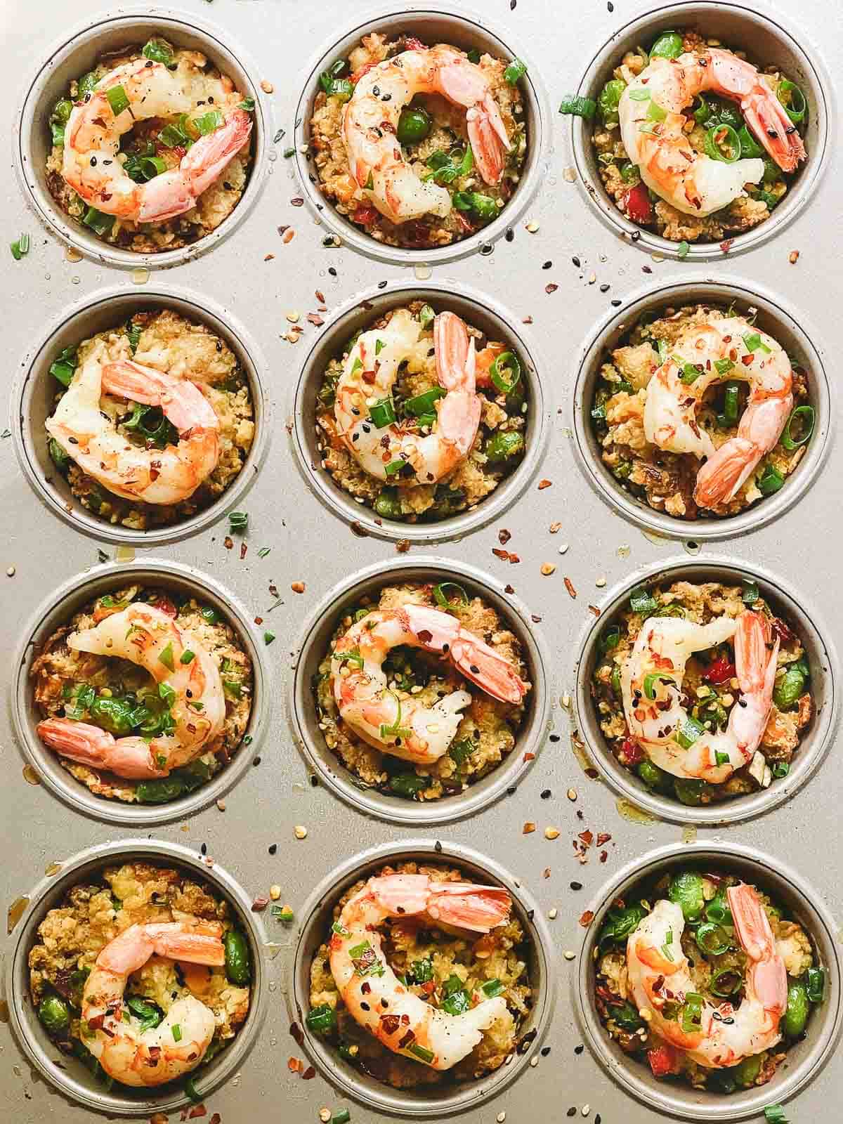 shrimp fried rice cups baked in a muffin tin