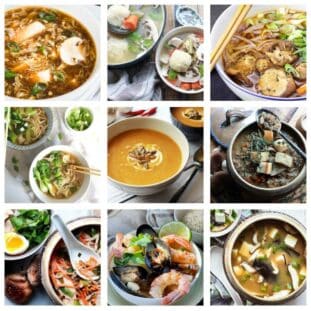 A photo grid of nine different soups for fall.