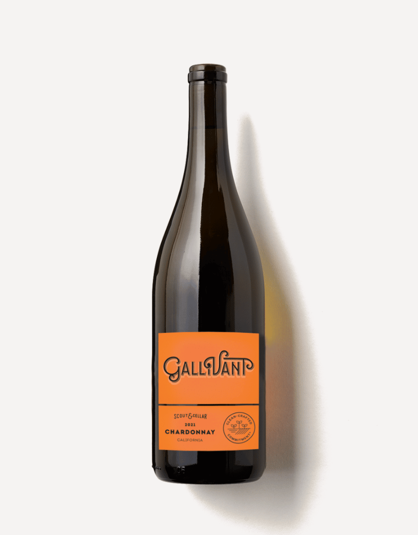 A bottle of Scout & Cellar Gallivant Chardonnay on a white background.