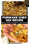 Furikake Chex Mix on a baking tray and a hand holding up some Chex mix.