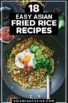 A Pinterest pin of fried rice in a dark gray bowl with a fried egg on top.