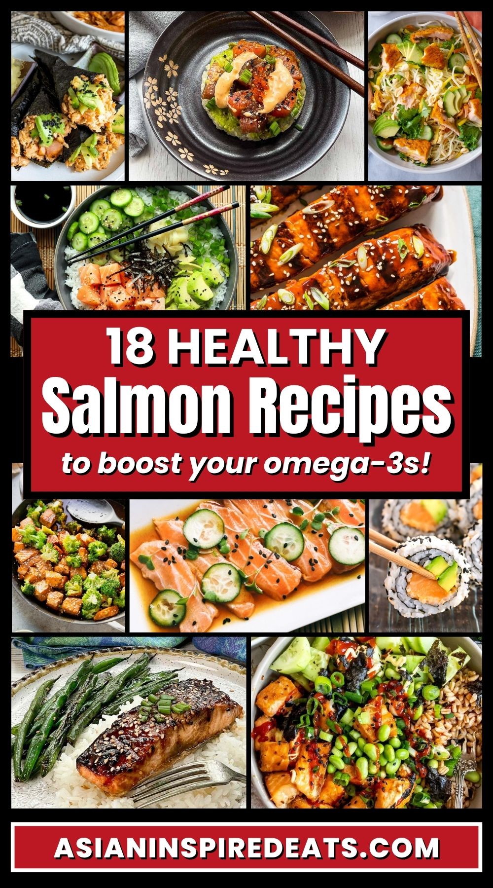 A Pinterest collage of healthy salmon recipes to boost your omega-3s.