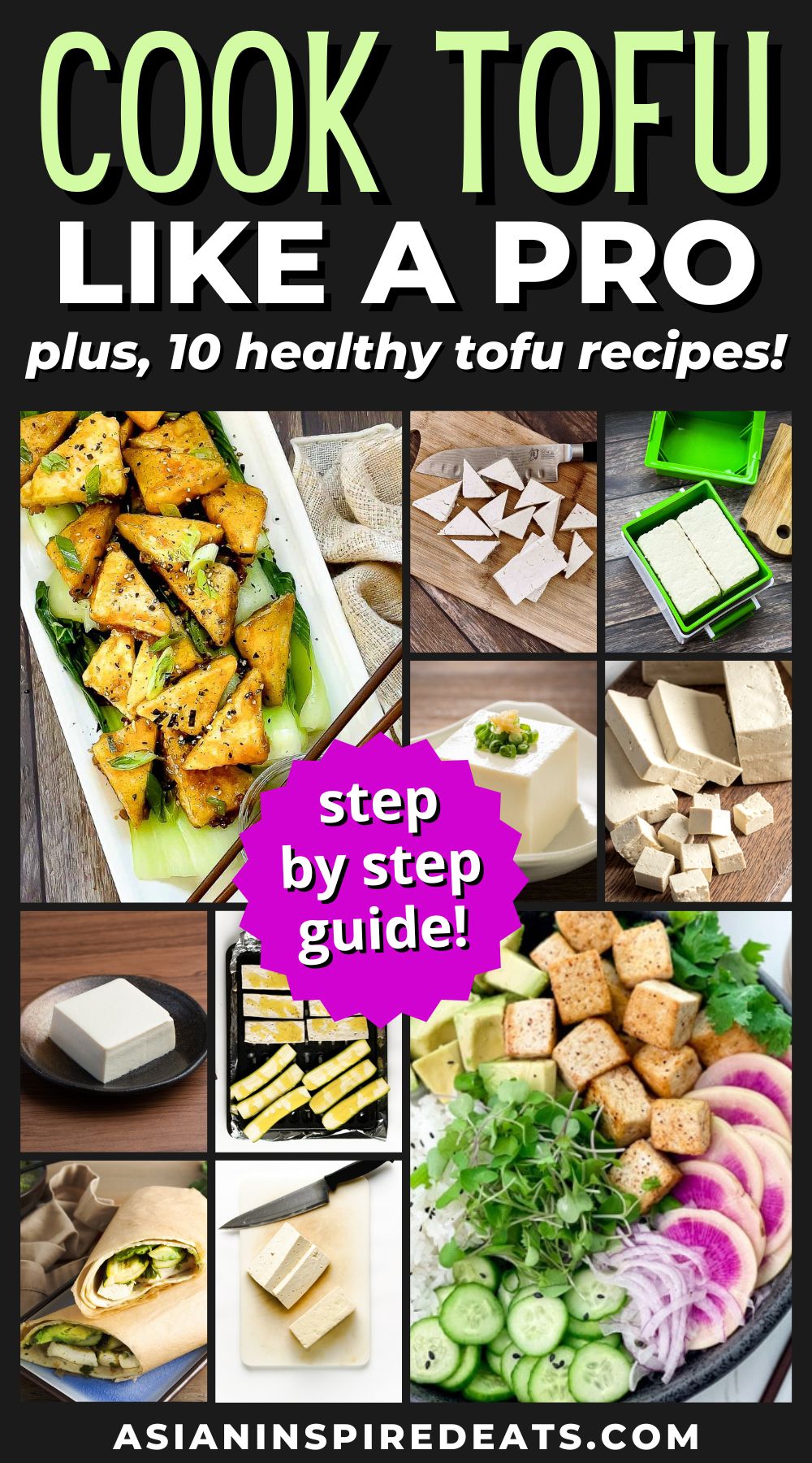 Pinterest pin collage with various tofu images.