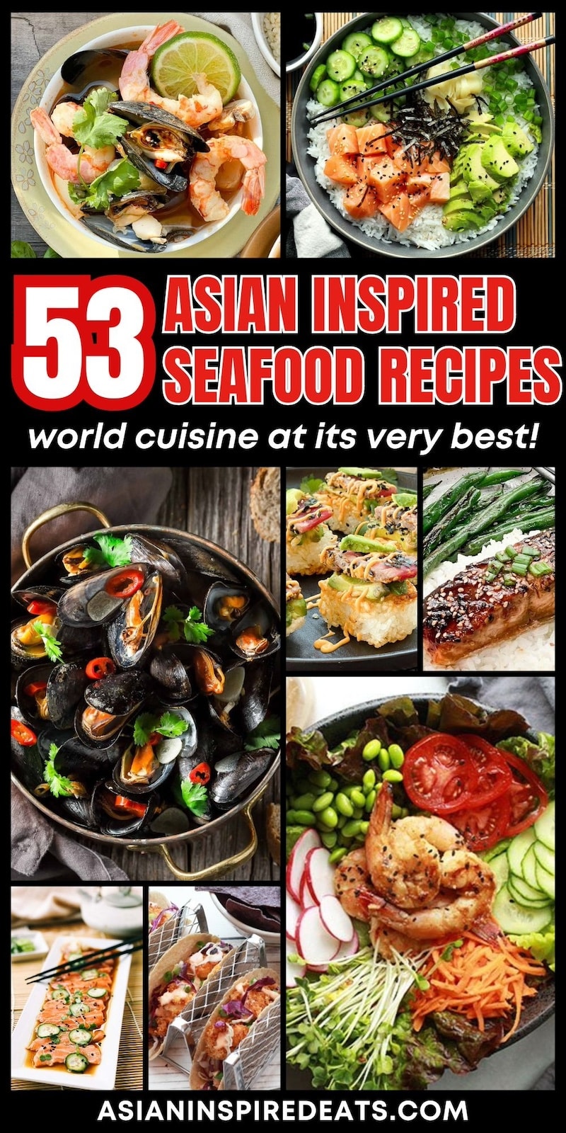 A Pinterest image collage of various Asian-inspired seafood recipes.