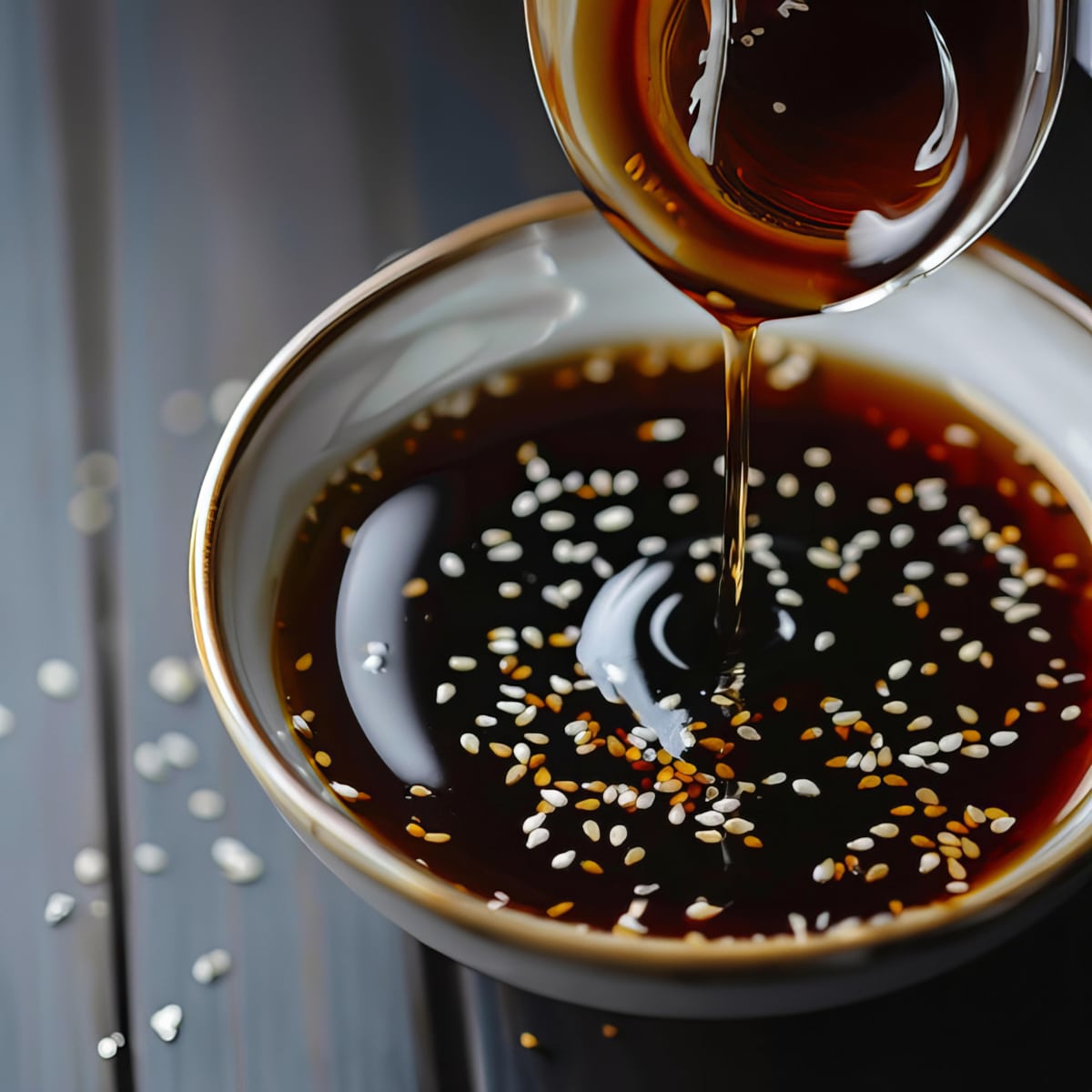 Teriyaki sauce being poured into a gray bowl on top of a dark gray wooden surface.