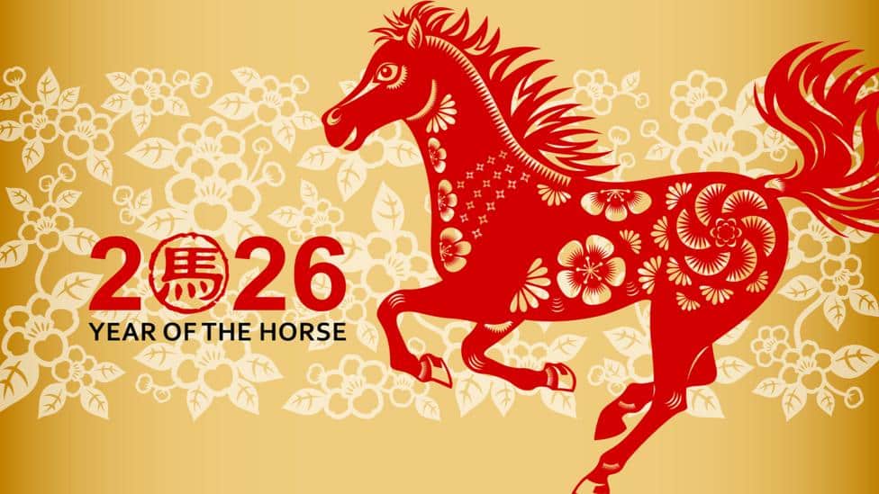 A picture of a red horse on a yellow-flowered background symbolizing the 2026 Chinese New Year's Year of the Horse.